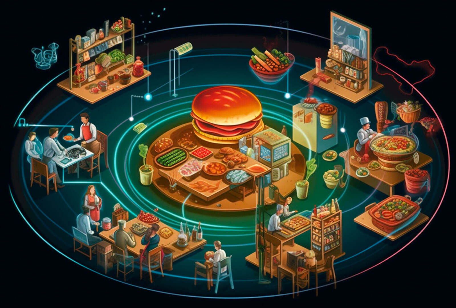 An AI generated illustration of a group of people working on technology attached to a cheese burger.