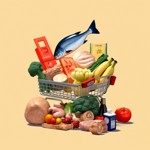 An AI generated image of a grocery cart full of interesting food